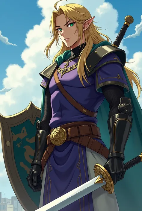 Anime boy with long blonde hair and green eyes holding a sword, handsome guy, Outfit similar to Link Legend of Zelda only with more armor and purple and black color, holding a battle shield in his left hand with some cat details, Long sword at his waist in...