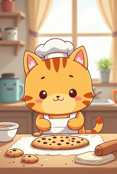 A cute drawing of a kawaii orange tabby cat baking cookies 