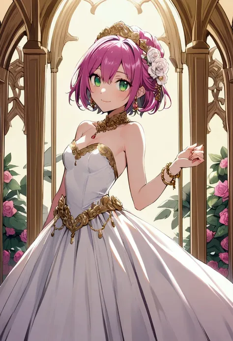 20 years old girl, fuchsia hair, short hair, green eyes, sly smile, sly eyes, wearing wedding dress, wear gold bracelet