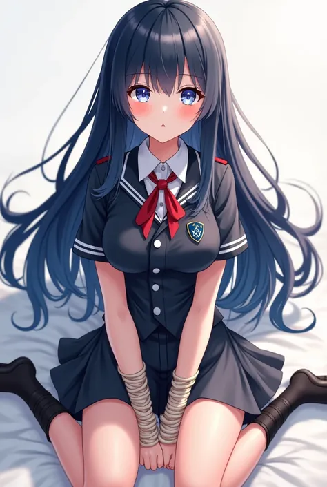 anime　Baby Face　uniform　limbs　to be tied up　tits　Pussy　Long, shiny, almost blue black hair　The tips of the hair are aligned　A mature-looking person