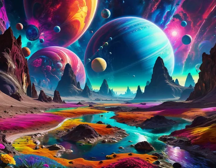 a brightly colored painting，depicting a river and shining planets in the sky, in an colorful alien planet, alien paradise, alien...