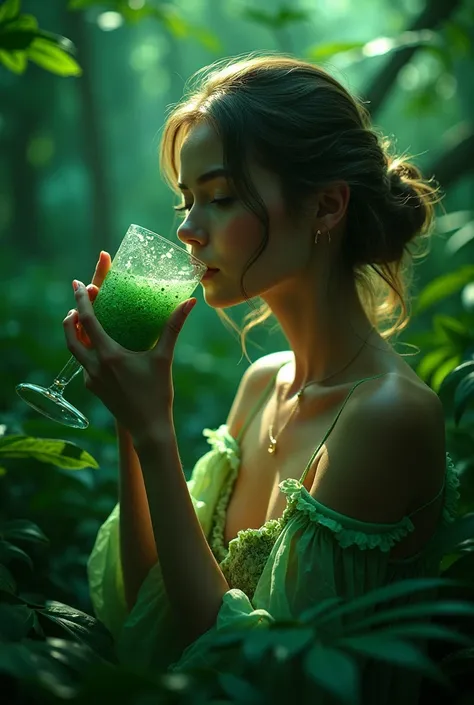 a young woman drinking a mystical green potion, ultra-detailed, realistic, photorealistic, photo-realistic, 8k, best quality, masterpiece, cinematic lighting, dramatic lighting, lush tropical jungle background, vibrant colors, striking contrast, intricate ...