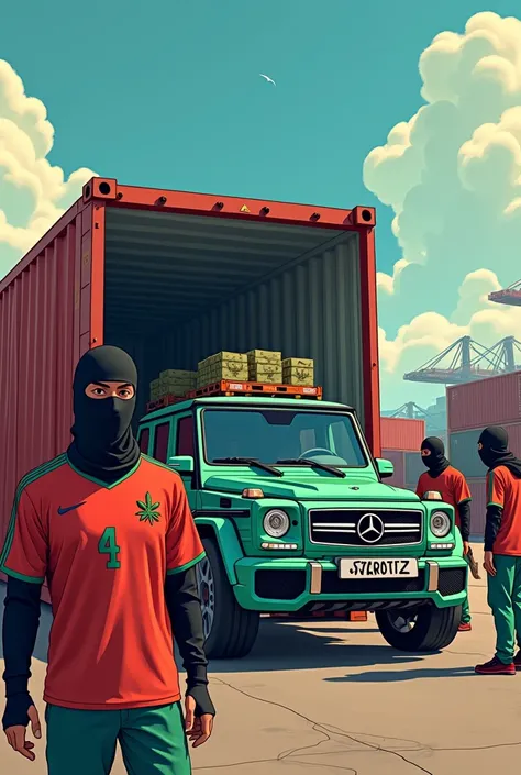 An animated picture where a container full of cannabis is being unloaded at a container port by several people and all people are wearing a Moroccan jersey and are fully masked and the whole cannabis is being loaded into a Mercedes SUV and at the top of th...