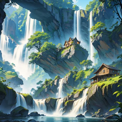 A beautiful village in mountain waterfall and jungle 
