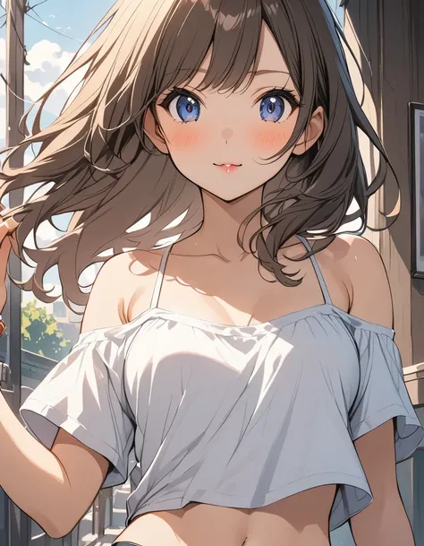  female，short camisole，crop shirt，Off shoulders，white，Art， anime，illustration