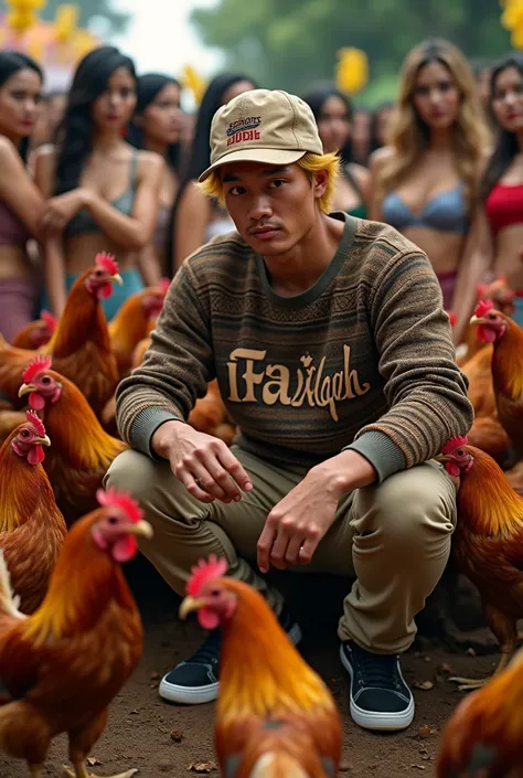 make me a hyper realistic photography HD 18K photo showing a handsome Indonesian man with yellow skin, yellow hair wearing a Skecher hat, wearing a crewneck sweater that says "Faiz Kasih" in a complicated font style, beige chino pants, and black and white ...