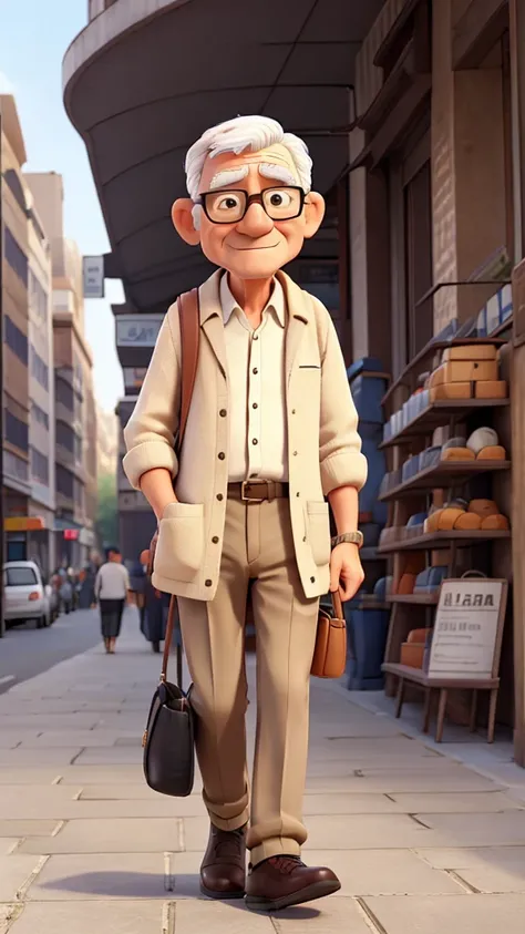 A man walking on the city road, 50 years old, old man, short hair, thin face , glasses, white long sleeves shirt, black shawl cardigan, khaki chino, white snakers, fully light, hold tote bag.