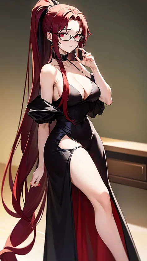 (Masterpiece), (best quality), 20-year-old villainous woman (Dark red hair, ponytail and long loose hair.) Bright red eyes, red fox ears, and round glasses. (Black evening dress, off shoulder dress, sleeveless dress, one-piece dress, sexy dress) A black fl...