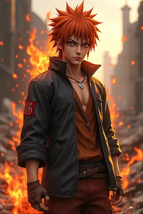 Yahiko Pain is presented in 16K with fine and precise details, thanks to Unreal Engine 5 and Nvidia GeForce RTX 4090. His face has defined features and human proportions., with dark brown eyes and a realistic glow. His orange hair is disheveled and wet wit...