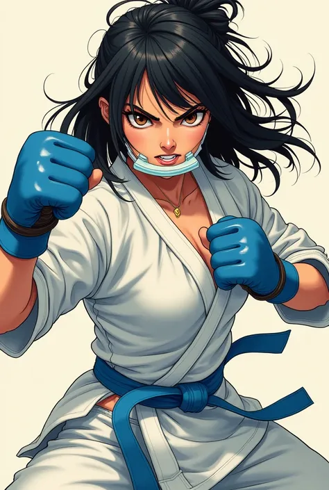  20 year old athletic build female girl, light skinned, with amber eyes, one darker than the other, half up messy black hair, with an expression of fury, dressed in karategi and light blue belt, sparring with blue gloves and mouth guard, manga style 