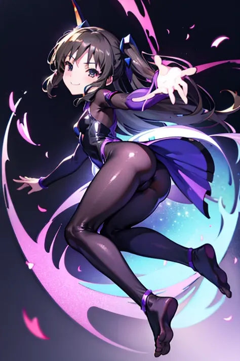 Highest quality　Highest quality　Draw a face carefully　High quality anime style faces　Super shiny skin　Black full body suit　Purple Pantyhose　barefoot　Succubus　Lure　smile　Rear View　Rear view