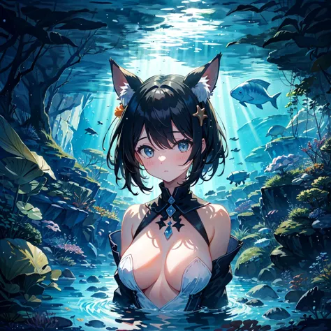 Underwater, undersea, Fantasy world, In the dark of night, the eyes emit a searchlight light, Villages utilizing giant rabbits, giant rabbits are useful in peoples lives, healing, transportation, and entertainment, women with cat-ears, bare shoulder,sidebo...