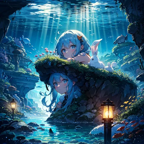 Underwater, undersea, Fantasy world, In the dark of night, the eyes emit a searchlight light, Villages utilizing giant rabbits, giant rabbits are useful in peoples lives, healing, transportation, and entertainment, women with cat-ears, bare shoulder,sidebo...