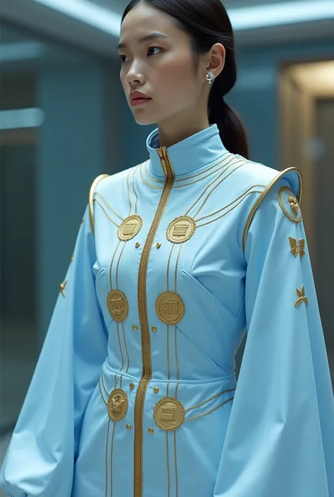 A light blue outfit with gold details. The uniform has symbols of books and scrolls, and includes a cover that transforms into a holographic blackboard.