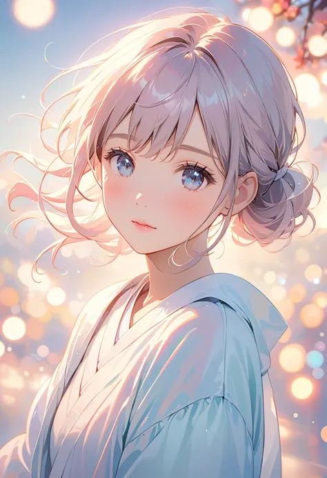 (Highest quality:1.2), Beautiful lo-fi minimalist vibe, Cute 15-year-old Japan woman, Light bokeh, Soft colors, Sparkling, Dynamic Side Angle, Natural soft lighting, 8k resolution, shape, pastel four colors,