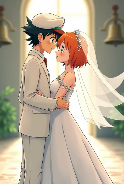 Draw the anime version of Ash from Pokémon in a groom&#39;s suit ,wearing a white cap and Misty in a beautiful wedding dress.
The dress has a fish fin style.
Let the bride&#39;s hair be short and orange ,Her eyes are green and she wears a long veil.
Let th...