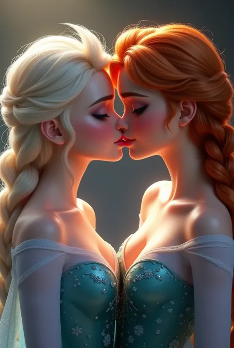 A stunning portrait of Elsa and her sister Anna touching each others breasts, kissing, French kissing, tongues touching, they are kissing, young and beautiful, hyper realistic, real portrait, backlit, exquisite features, cleavage, Elsa is in ecstasy, elsa ...