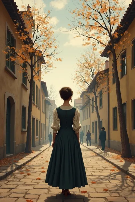 A book cover of a woman in an old town with brown trees and woman turned away