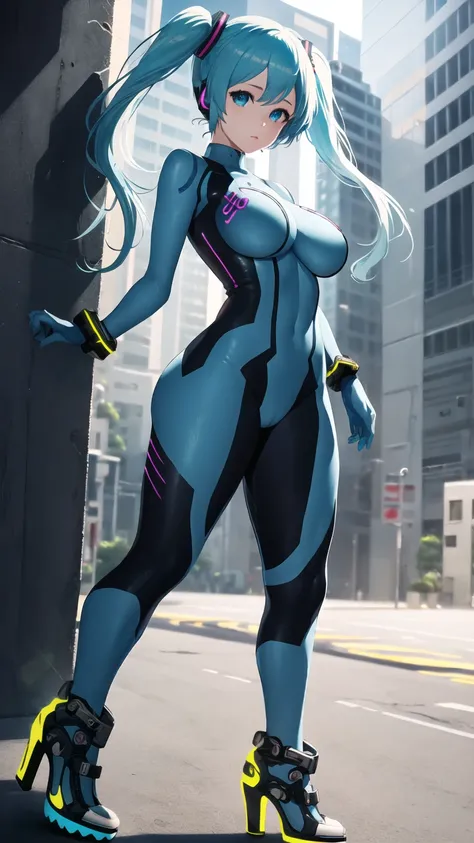 masterpiece, Hatsune Miku Vocaloid, Twin tails, Bright Blue Eyes, Light blue hair, ((Pichi Pichi body suit)), cyber punk, High heels, ((Ultimate toned physique)), Beautiful Eyes, ((Big Breasts)), 8k CG, Highest quality, Best image quality,