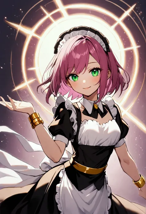 20 years old girl, fuchsia hair, short hair, green eyes, sly smile, sly eyes, maid dress, wear gold bracelet