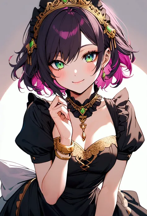 20 years old girl, fuchsia hair, short hair, green eyes, sly smile, sly eyes, maid dress, wear gold bracelet