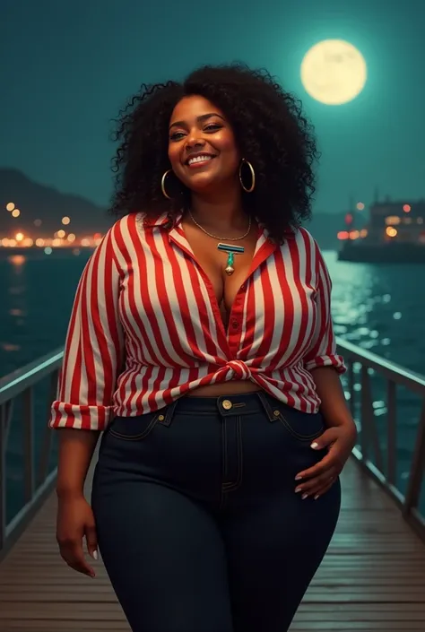 A chubby Brazilian woman from Rio de Janeiro, black with green eyes, curly and frizzy hair, Laughing, Hoop earring, big boobs, big hips and ass, wearing black capri pants and a red and white striped blouse, razor kept in the middle of the chest, on a pier,...