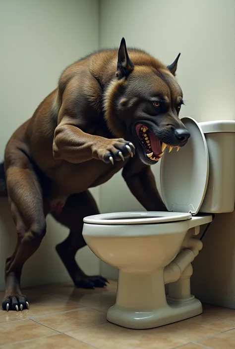 Create a muscular dog fighting with a toilet 