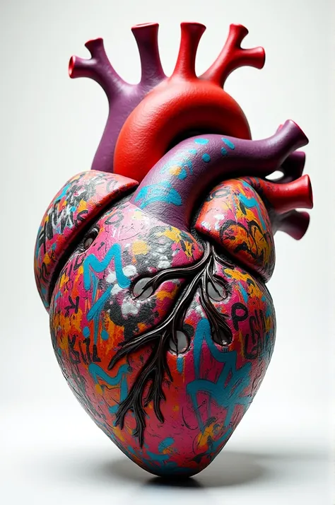 Realist heart sculpture painted with graffiti