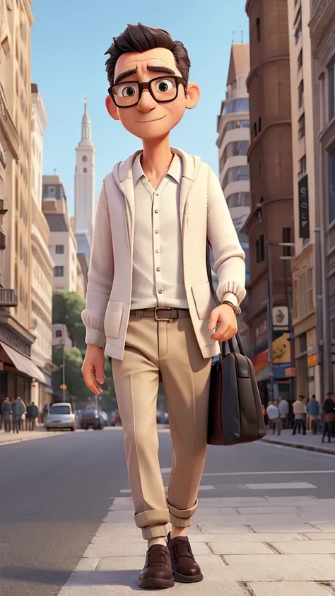 A man walking on the city road, 50 years old, short hair, thin face , glasses, white long sleeves shirt, black shawl cardigan, khaki chino, white snakers, fully light, hold tote bag.