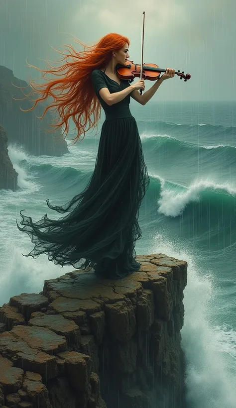 Woman with impeccable features, long red hair swirls in the wind, fervently engages with a violin atop a jagged cliff, wild sea below with towering waves, rain cascades, hyper-realistic surreal masterpiece, fusion of artistic styles echoing Jose Royo, Bori...