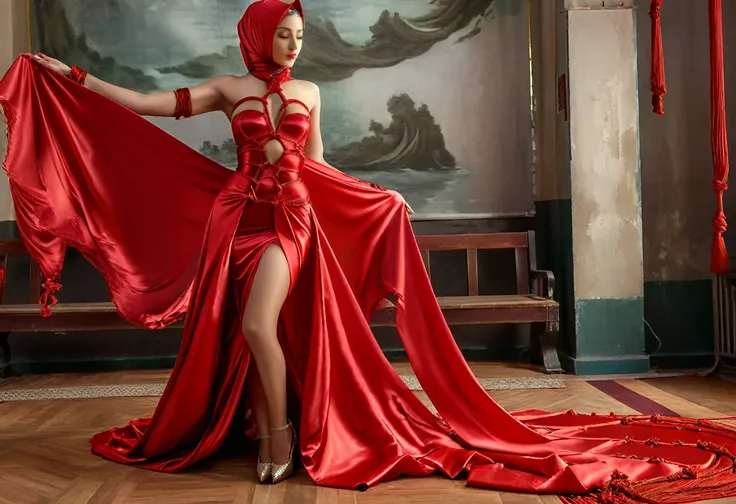 A woman shrouded in a 17-meter-long, plush red satin cloth, tightly bound and grandly draping along the form of her body with satin rope, her both arm tied in satin cloth, flowing off into a pooled floor-length train, styled in a mermaid-inspired outfit wi...