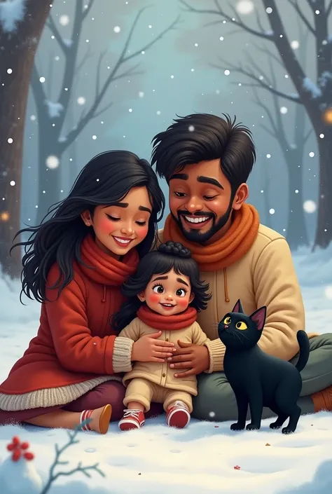 indian Mom dad and little baby girl playing in snow, in Christmas time, with a black cat by the side. Make the skin tone dusky, and wear cozy clothing. Mothers hair is straight 