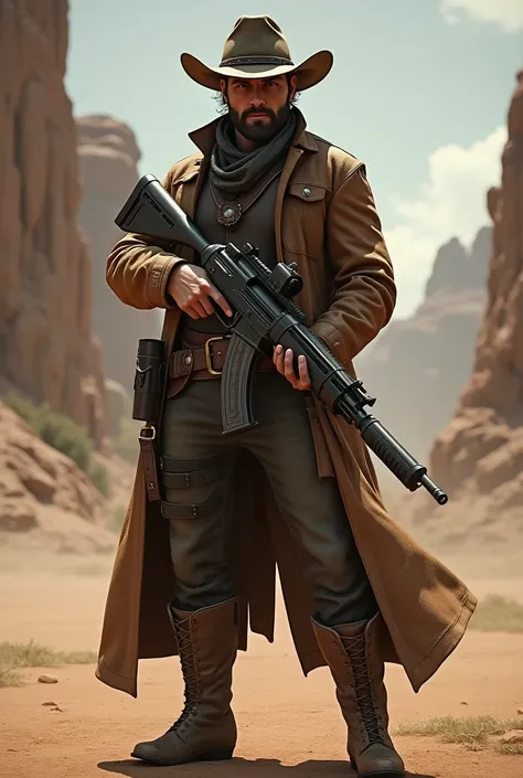 Cowboy with a red dead style uzi

