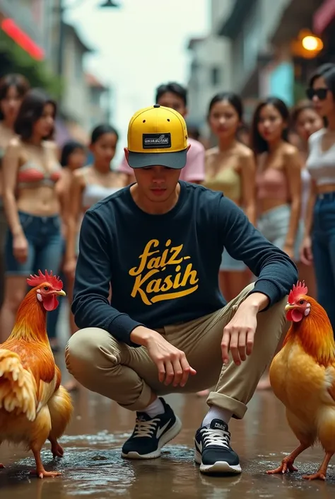 make me a hyper realistic photography HD 18K photo showing a handsome Indonesian man with yellow skin, short yellow hair wearing a Skecher hat, wearing a crewneck sweater that says "Faiz Kasih" in a complicated font style, beige chino pants, and black and ...