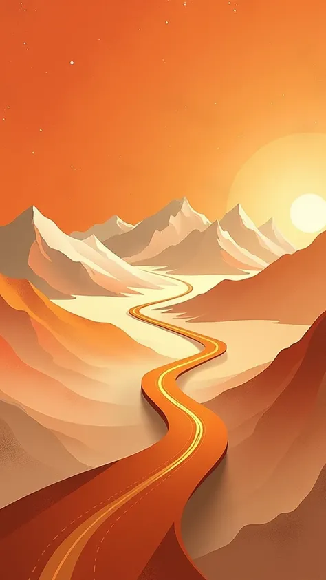 poster design，road，Mountain，sun，wealth，Gold Tone，Illustration Design，Flat，abstract，Screen subject pull up