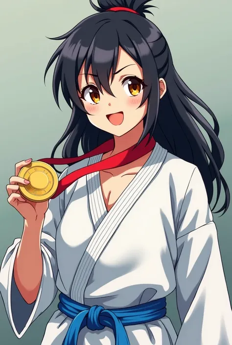  20 year old athletic build female girl, light skinned, with amber eyes, one darker than the other, half up messy black hair, with an expression of happiness and pride, dressed in karategi and light blue belt, Winning a medal, BL style manga