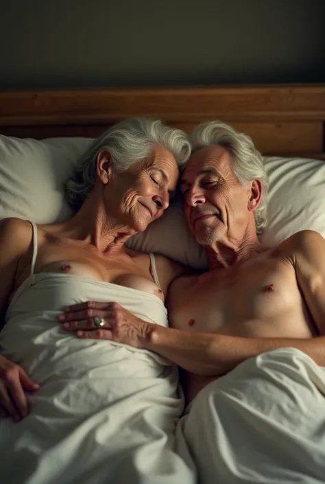 Old mom with son in bed in bikni
