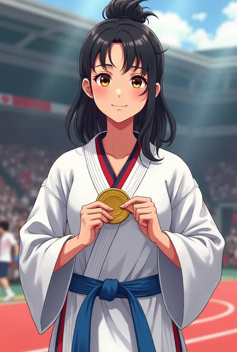  20 year old athletic build female girl, light skinned, with amber eyes, one darker than the other, half up messy black hair, with an expression of happiness and pride, dressed in karategi and light blue belt, Winning a medal, style BL 