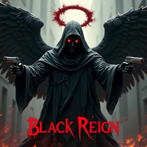 Black hooded man, mysterious, red eyes, bloody angel halo above head, big black angel wings, bloody background, holding two pistols, word “Black Reign” in large text below it, hyper realism, logo