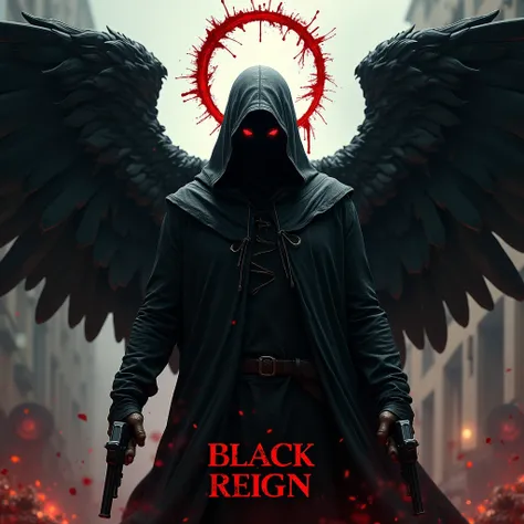 Black hooded man, mysterious, red eyes, bloody angel halo above head, big black angel wings, bloody background, holding two pistols, word “Black Reign” in large text below it, hyper realism, logo