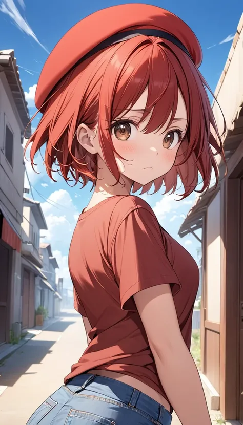 heatstroke, 1 girl, red hair, short hair, brown eyes,plain red T-shirt, Denim shorts,Red Beret,panic, blue sky, blow in the wind , cute, closed mouth, looking at viewer,cowboy shot,look back