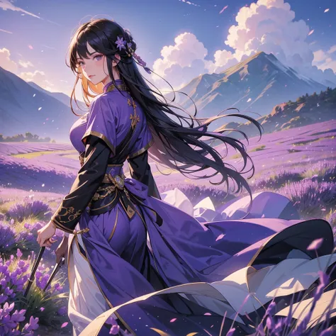 A beautiful female general holding a big spear in black ancient Chinese general costume, walking In the middle of lavender fields , Surrounded by lavender fields, purple, with green mountains in the background, low clouds, the sun is about to set. close up...