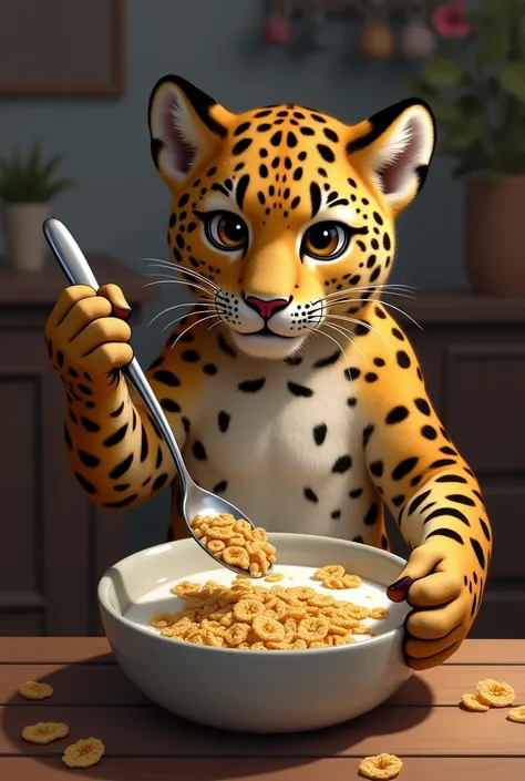 Furry Leopard eating cereal with a spoon