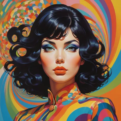 Environment map, abstract 1998 air hostess poster, portrait of thick shiny black wavy hair, dramatic makeup, intricate stunning highly detailed, abstract, kaleidoscopic, trippy, 60s style, op art, bright colors, swirling patterns, hypnotic, art by victor m...