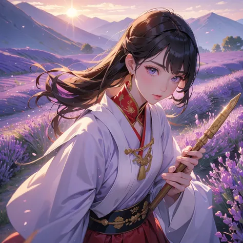 A beautiful female general holding a big spear in red ancient Chinese general costume, walking In the middle of lavender fields , Surrounded by lavender fields, purple, with green mountains in the background, low clouds, the sun is about to set. close up.