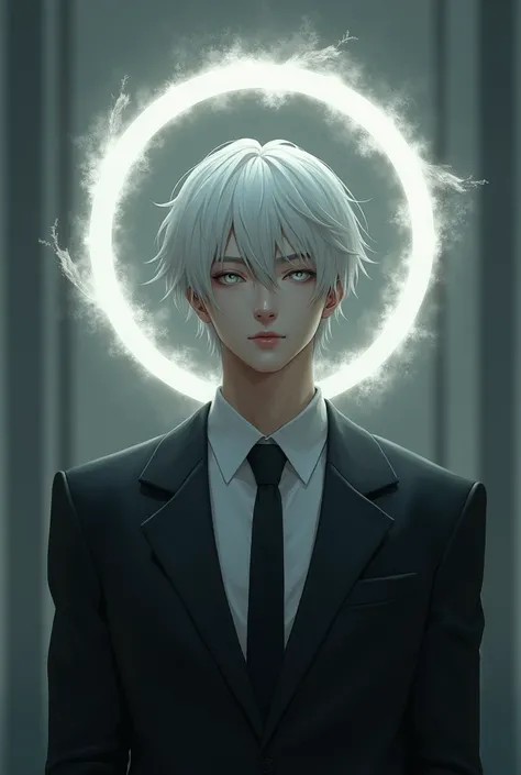 an adult man with white hair and silver eyes, wearing a suit with a halo on his head without wings