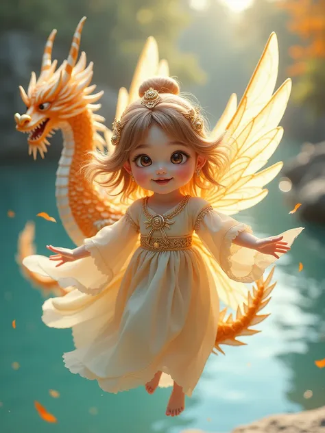 Dragons in Chinese mythology,(Portrait of an angel and a dragon god:1.3,)(Sheer and revealing white fluffy outfit:1.3, ),(Angel with glass wings floating above lake:1.3), (A glass dragon protects angels from behind:1.3),shiny light brown and orange striped...