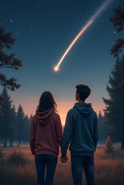 a couple holding hands in hoodies camping watching a shooting star 
