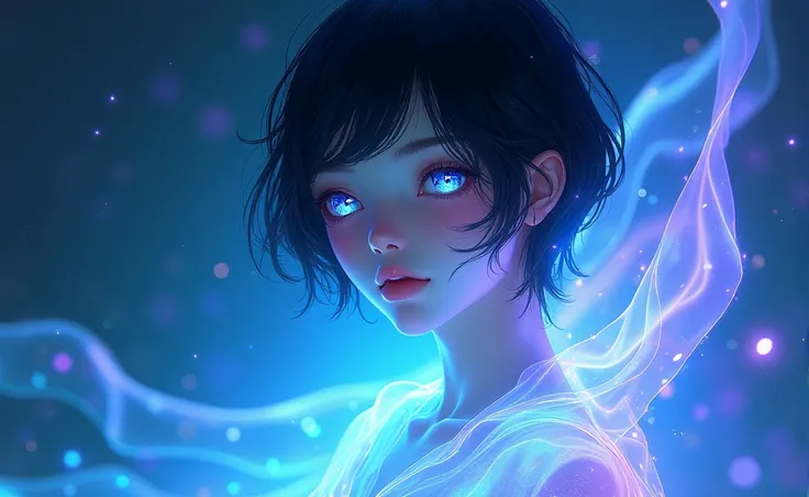 This image portrays an enchanting Teenager man character with a striking, ethereal appearance. The character has pale, almost porcelain-like skin and short, BLACK hair that is slightly tousled. Their eyes are vibrant, with a shimmering quality that reflect...