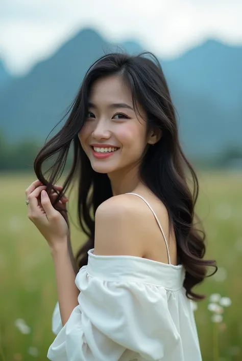 (Masterpiece),(complication:1.3),(Realistic),Young woman,, A cute bright smile.,(Beautiful long black hair with slight curls.), Blue eyes, big breasts, (Thai face), (Very beautiful face), white skin, small, Wear shorts, Stand sideways and grab my hair, (Th...